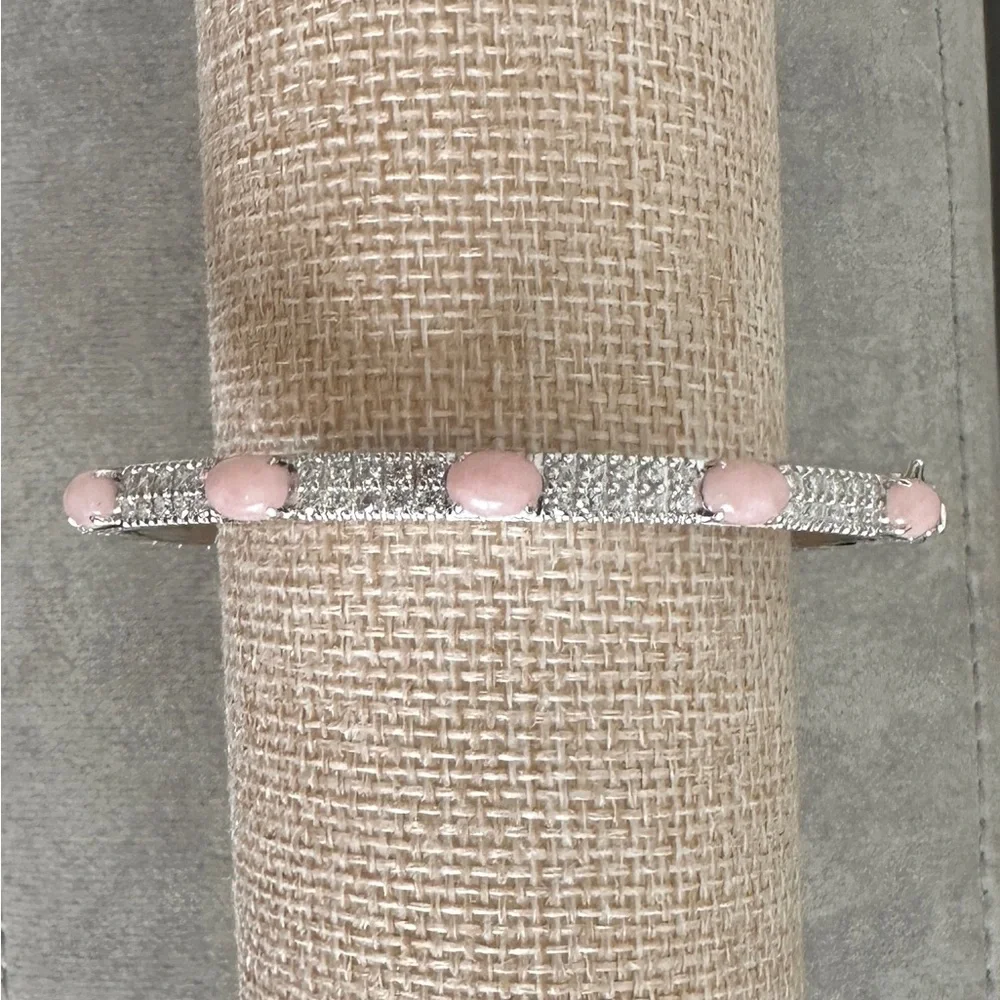Jade of Yesteryear Sterling Silver Pink Jade Oval Bangle Bracelet, 7-3/4" - Picture 3 of 9